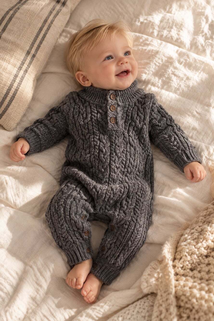 Baby Cable Knit Sweater Romper 0-3M Gray Sherpa Lined One Piece Outfit Cabin